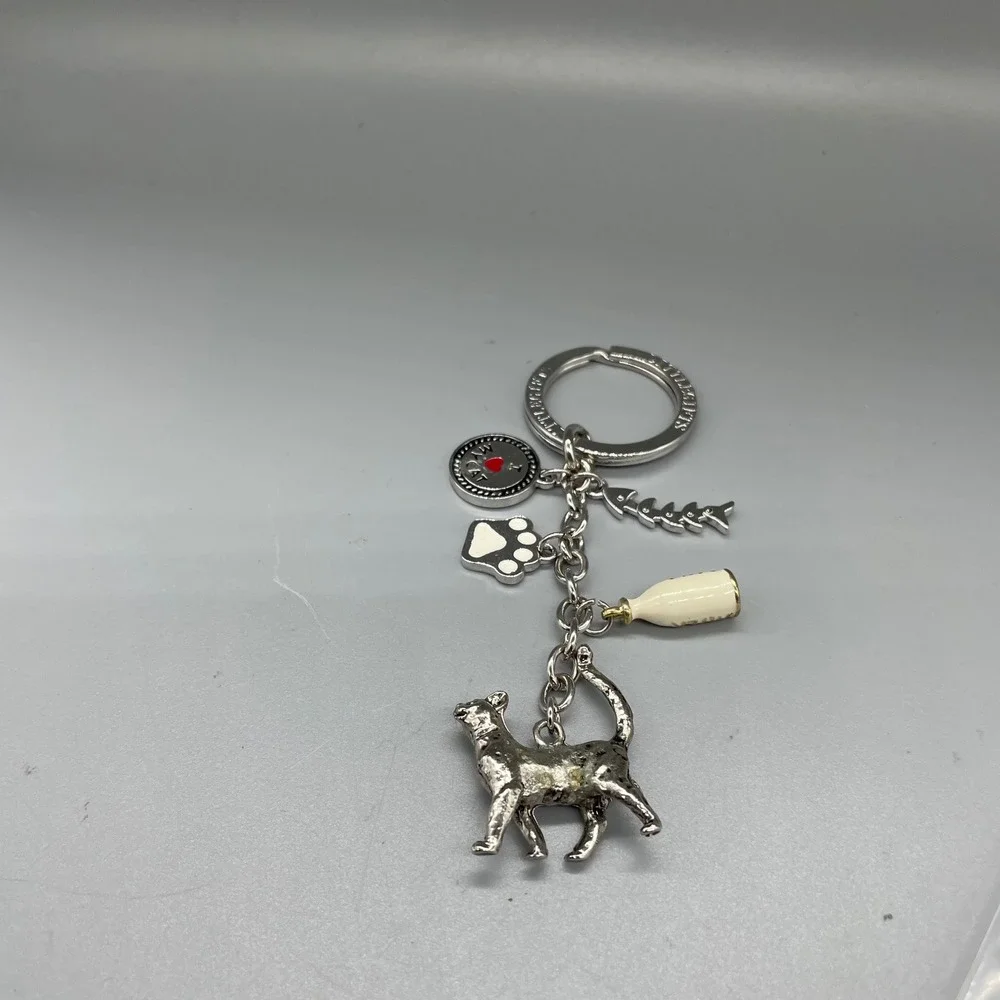 Little Gifts I Love My Cat Charm Keychain Silver Tone Fish Paw Milk Bottle Bag